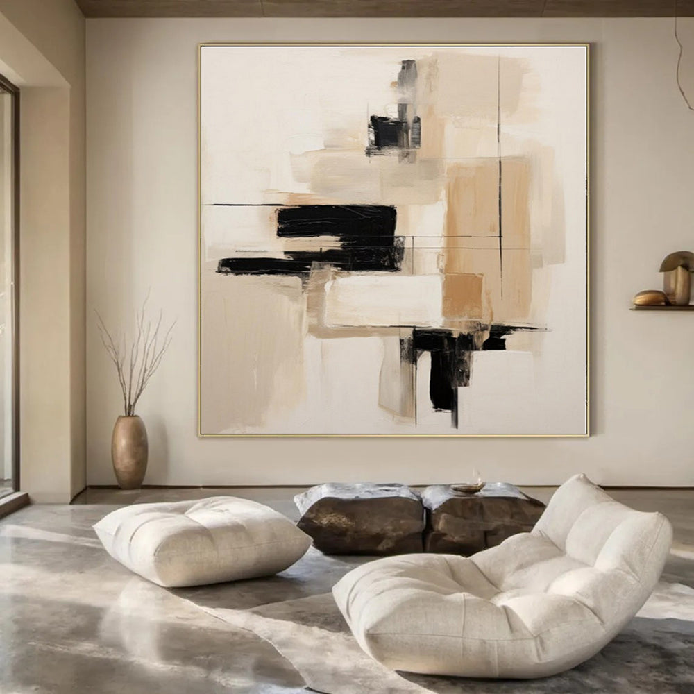 Neutral Tones with Black Blocks - Minimalist Abstract Acrylic On Canvas CT1296