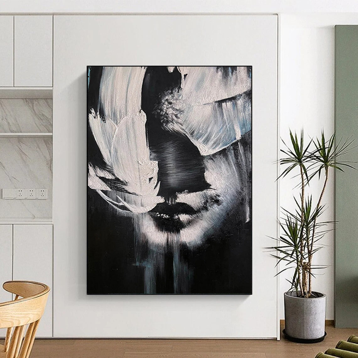 “Black, White Abstract Face ‘Mystery in Monochrome’” - Textured Figurative Painting On Canvas DTP331
