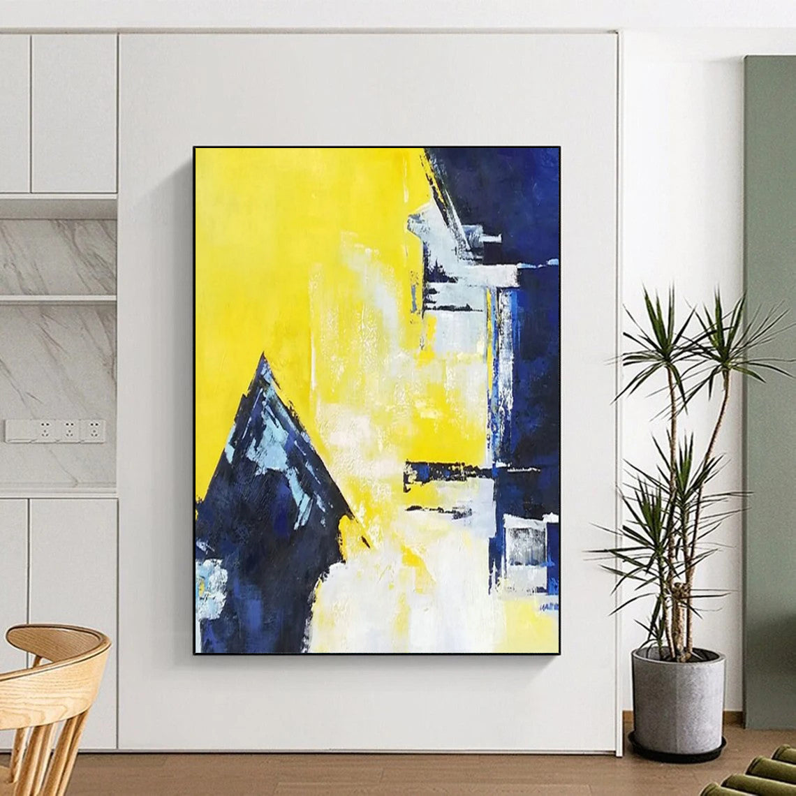 Vibrant Yellow, Blue & White Geometric Abstraction - Abstract Painting On Canvas CT2304