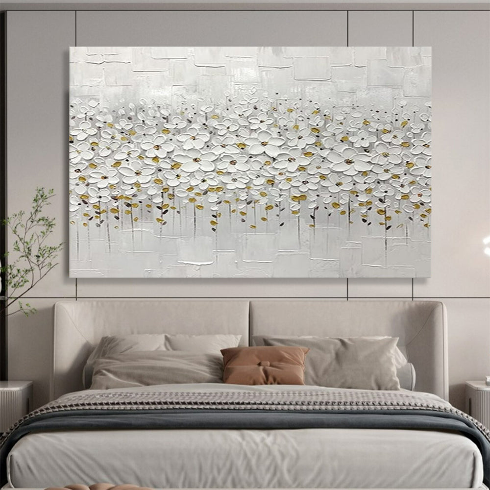White Flowers with Gold Accents - Minimalist Impasto Painting On Canvas DLZ214