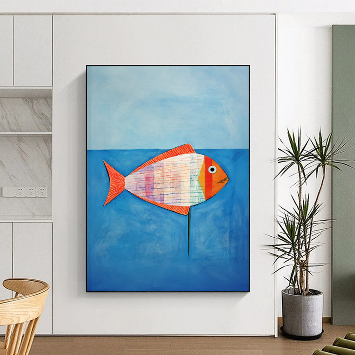 Colorful Striped Fish, Blue Sea - "Patchwork Fish" - Naive Art - style Painting CT1836