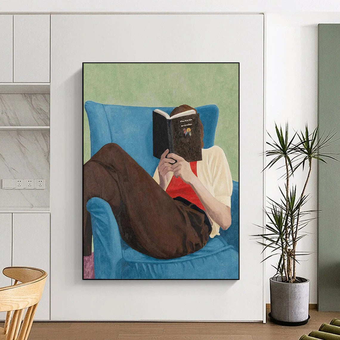 “Figure Reading on Blue Chair” - Green, Blue, Brown Figurative Painting On Canvas DTP303