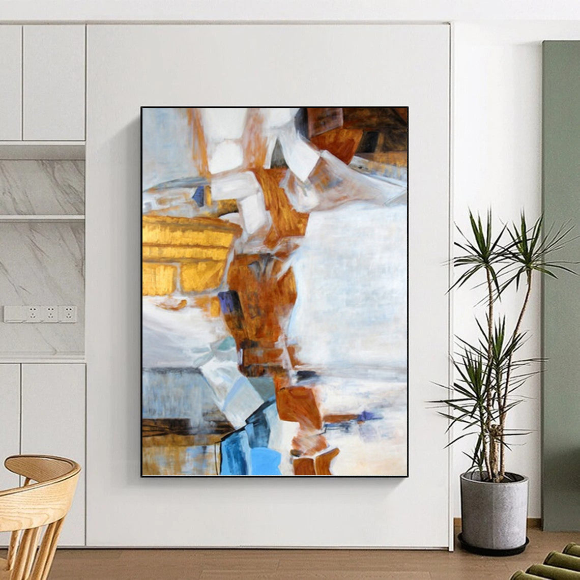 “Geometric Collage in Warm Tones” - Brown, White & Blue Cubist - Style Painting On Canvas DKH0937
