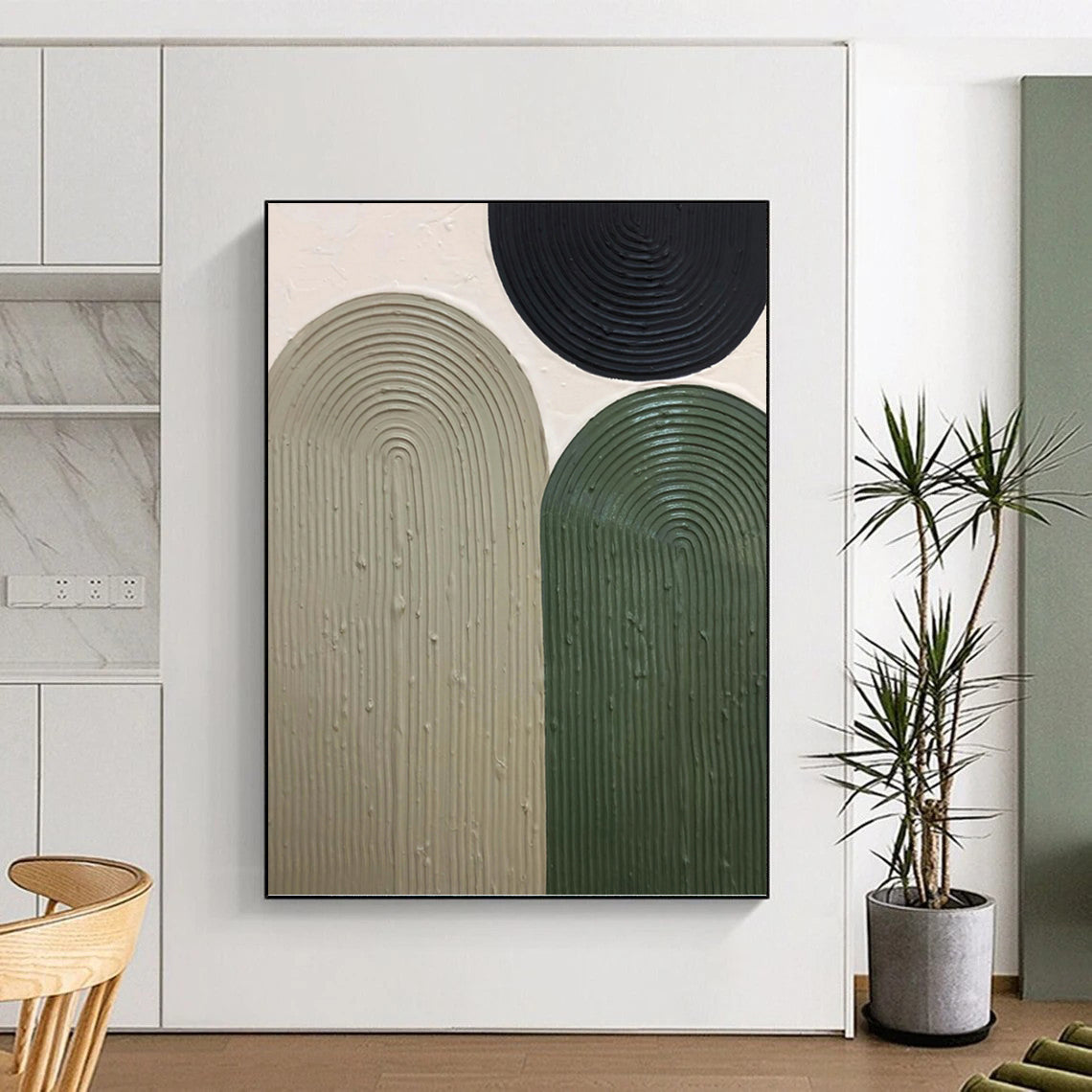 “Earthy Arches” - Black, Beige & Green Textured Curves Painting On Canvas DKH1166