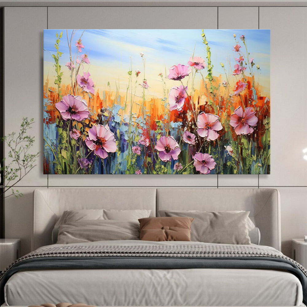 Impasto Wildflower Meadow - Pink, Orange & Blue Floral Painting On Canvas DKH903