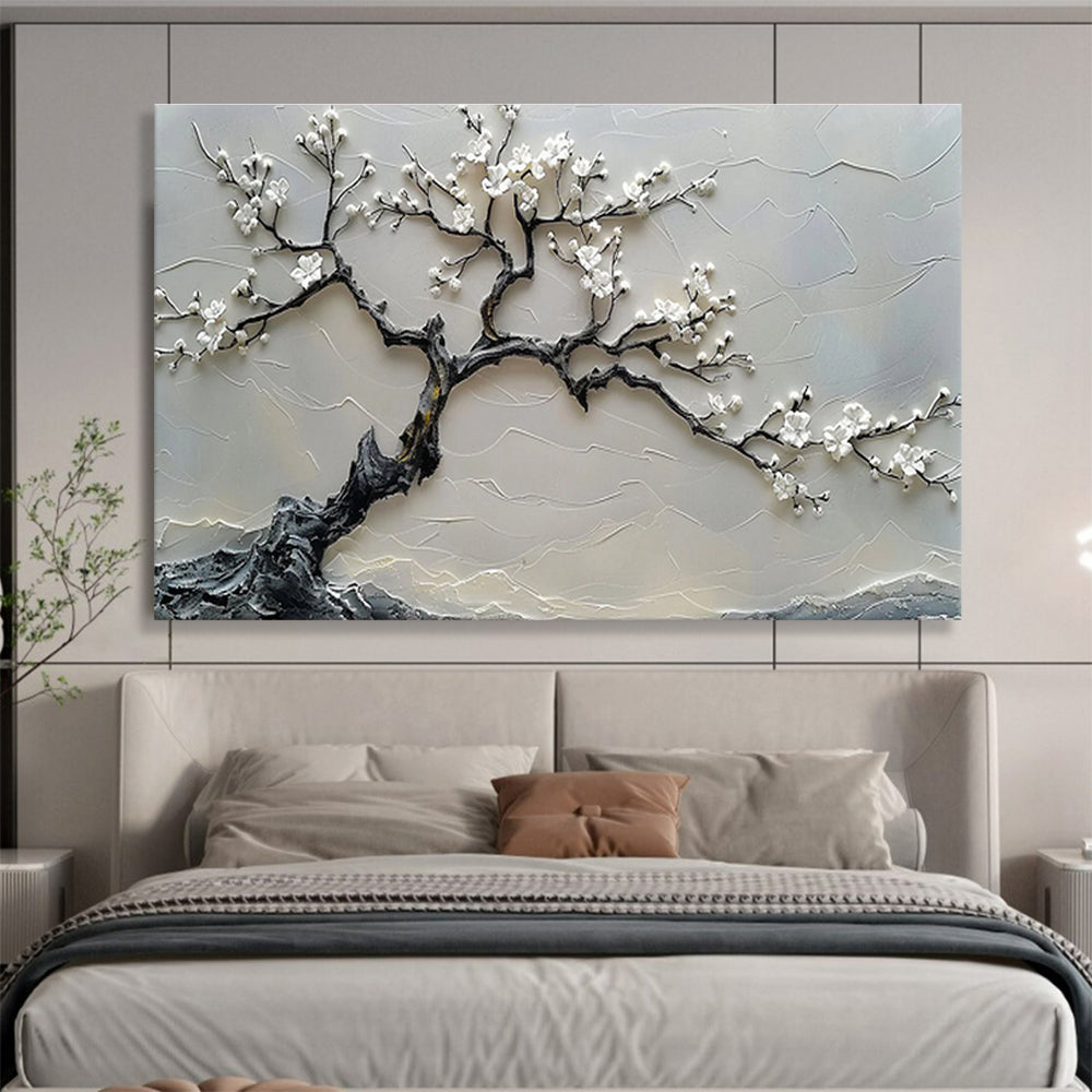 “Blossom Serenity” - Gray, White Textured Floral Relief - like Painting On Canvas DKH695