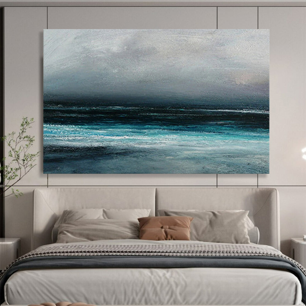 “Gray, Blue, Stormy Ocean ‘Dark Maritime Mood’” - Impressionist Seascape Painting On Canvas DLZ035