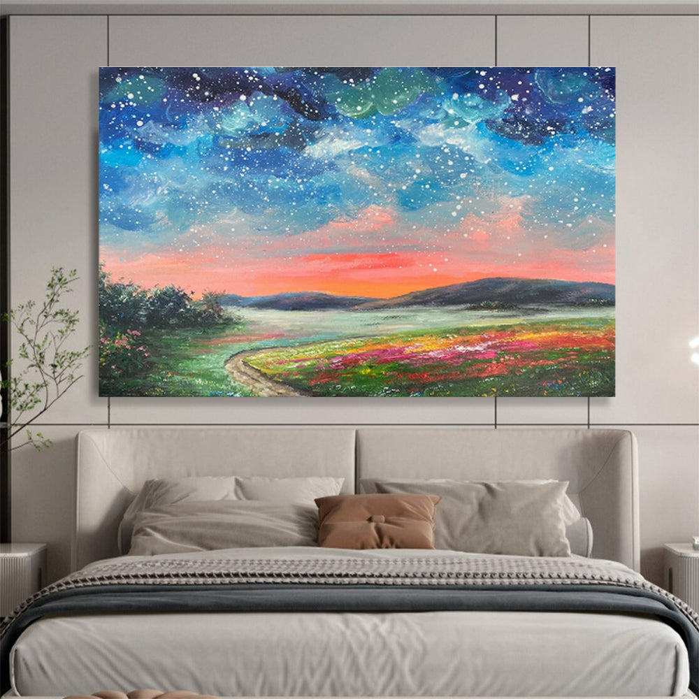Starry Sky and Colorful Field “Enchanted Night Landscape” Painting On Canvas DKH122