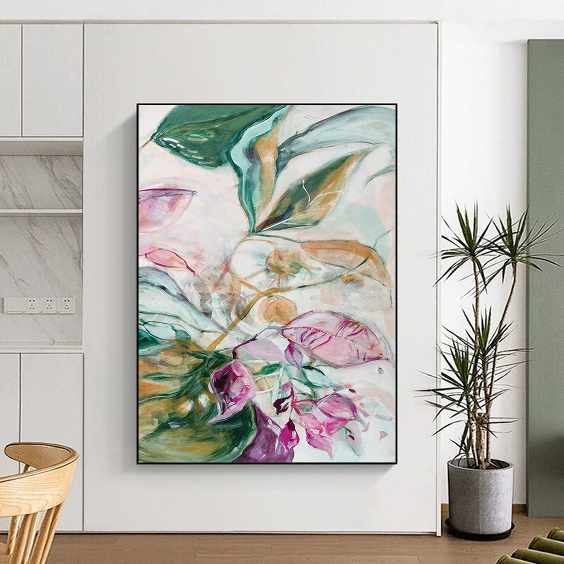 Green Foliage, Pink Petals - "Ethereal Garden" - Abstract Floral Painting CT1851