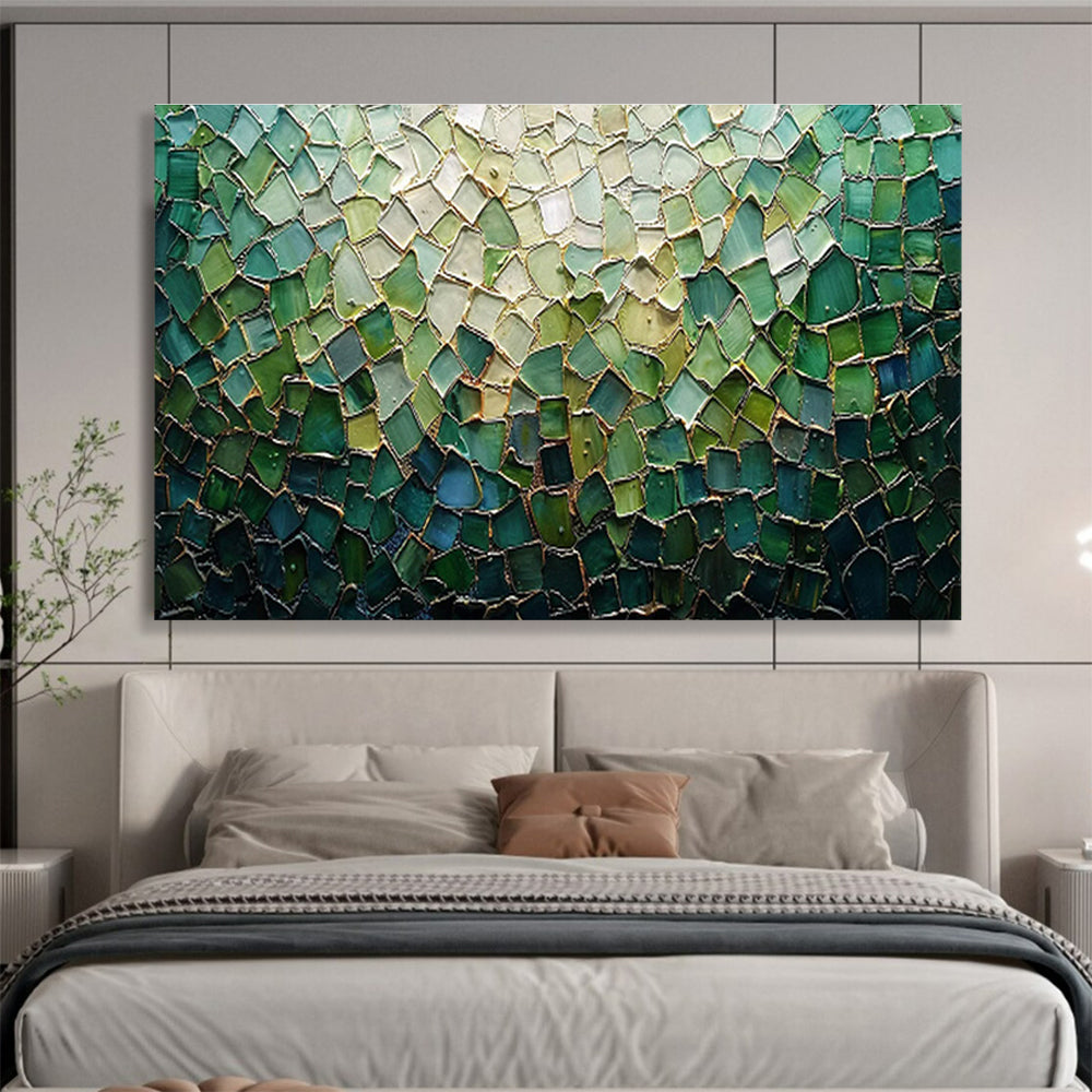 “Green Mosaic Glass” - Green, Blue, Gold Mosaic Artwork On Canvas DKH759