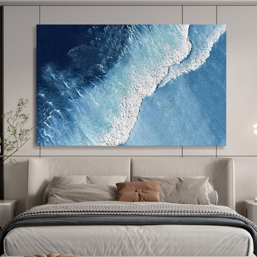 “Aerial Ocean View” - Deep Blue & White Wave Abstract Painting On Canvas DLZ256