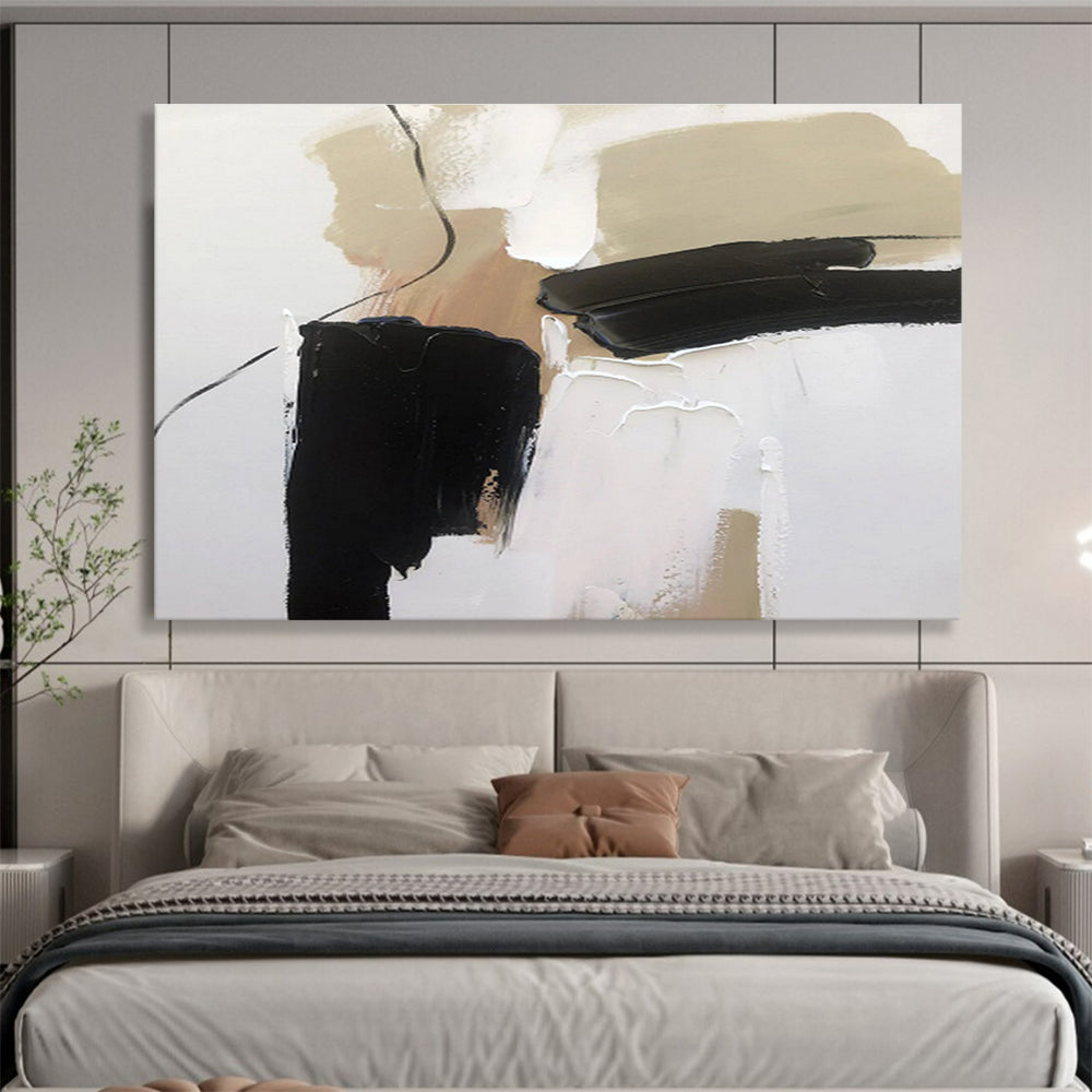 Minimalist Black and Beige Abstract Painting On Canvas DKH313