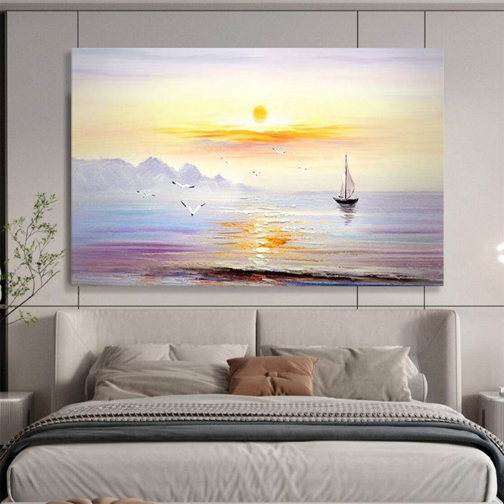 Sunset Sea Sailboat - Impressionist Seascape Painting On Canvas DLZ181