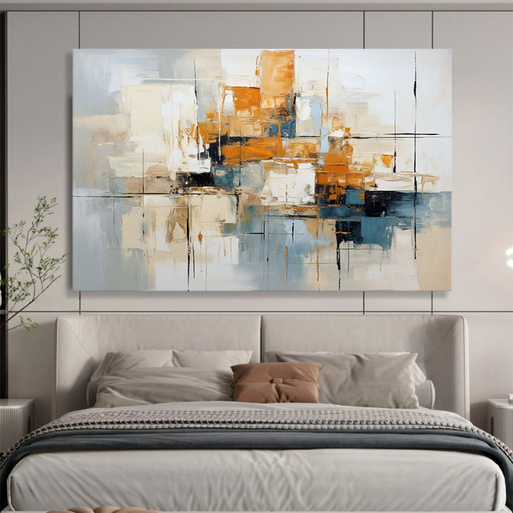 “Blue, Orange, Gray Urban ‘Metro Melody’” - Abstract Cityscape Painting On Canvas DLZ006