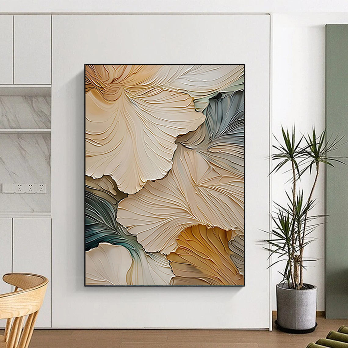3D Floral Petals in Beige and Blue - Textured Floral Painting On Canvas DKH1385