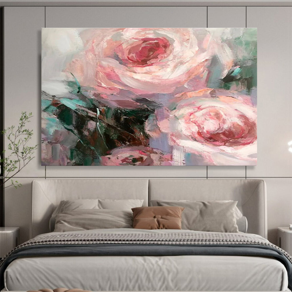 “Blush Rose Impasto” - Pink, White, Green Floral Oil Painting On Canvas DKH724