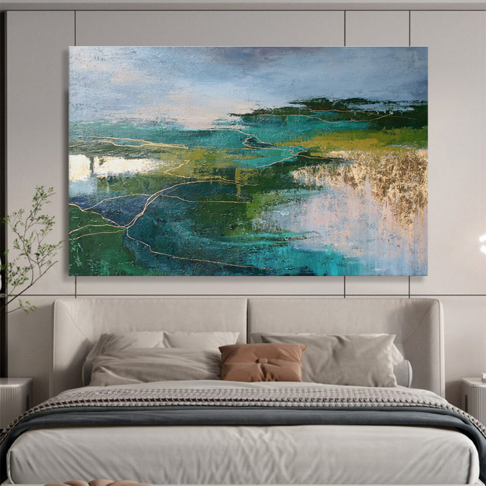 Green and Blue Abstract Landscape with Gold “Mystic Nature’s Pathways” Painting On Canvas DKH129