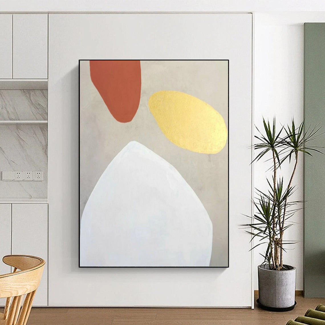 “Terracotta, Gold, and White Shapes” - Minimalist Abstract Painting On Canvas DKH1078