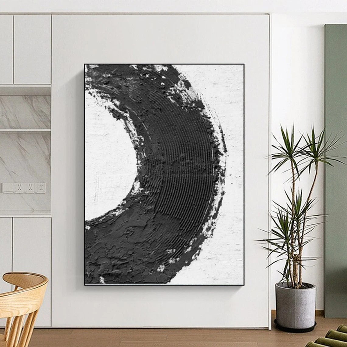 “Bold Black - White Circle” - Minimalist Textured Painting On Canvas DKH1675