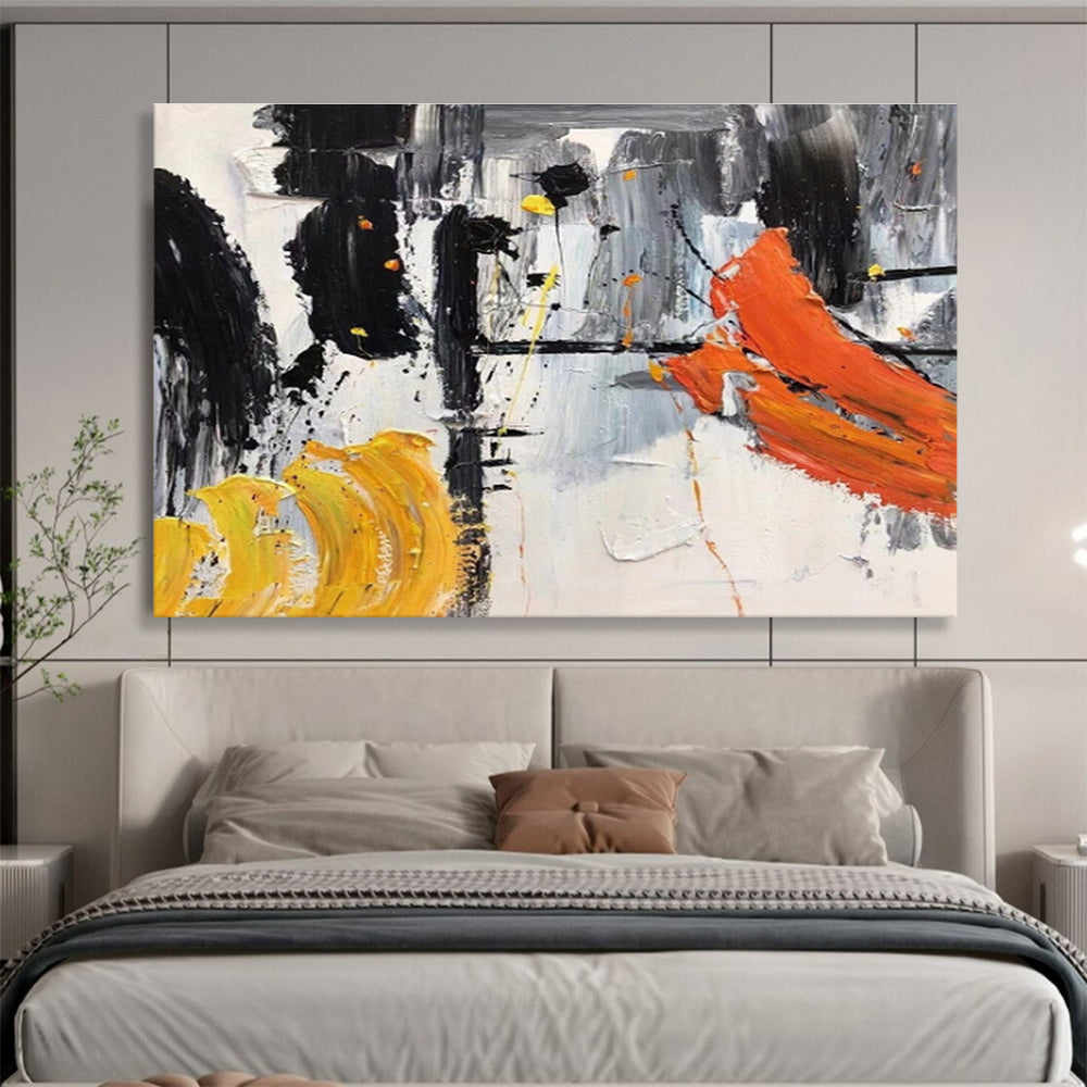 Abstract Black, White, and Orange Strokes Painting On Canvas DKH187