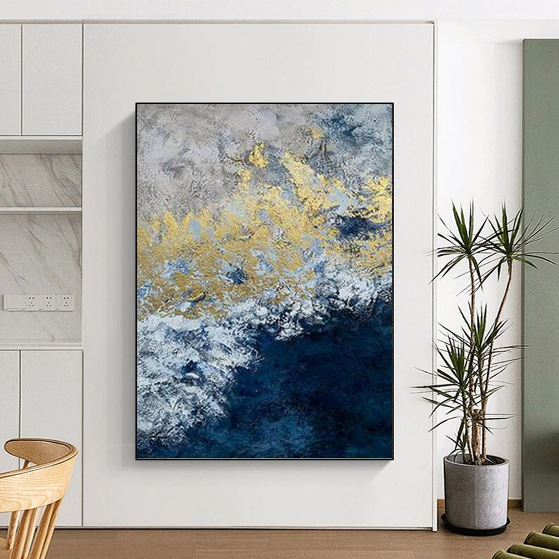 “Gold - Blue Waves” - Blue, Gray & Gold Abstract Ocean - Inspired Painting On Canvas DKH1549