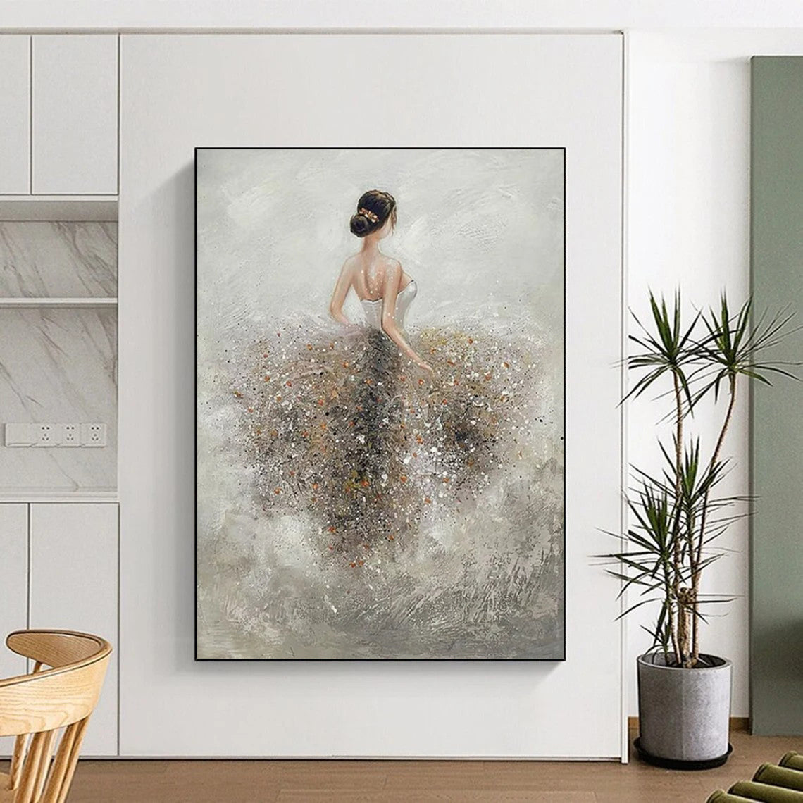 “Ballerina in Sparkling Skirt” - Gray & White Figurative Painting On Canvas CT2208