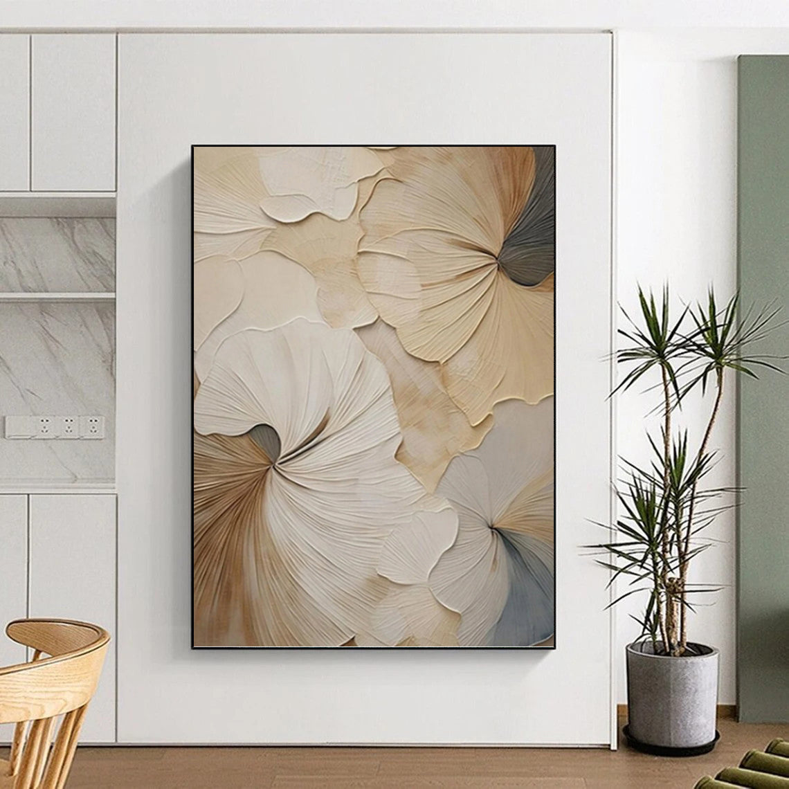 3D Floral Petals in Beige and Gray - Textured Floral Painting On Canvas DKH1383