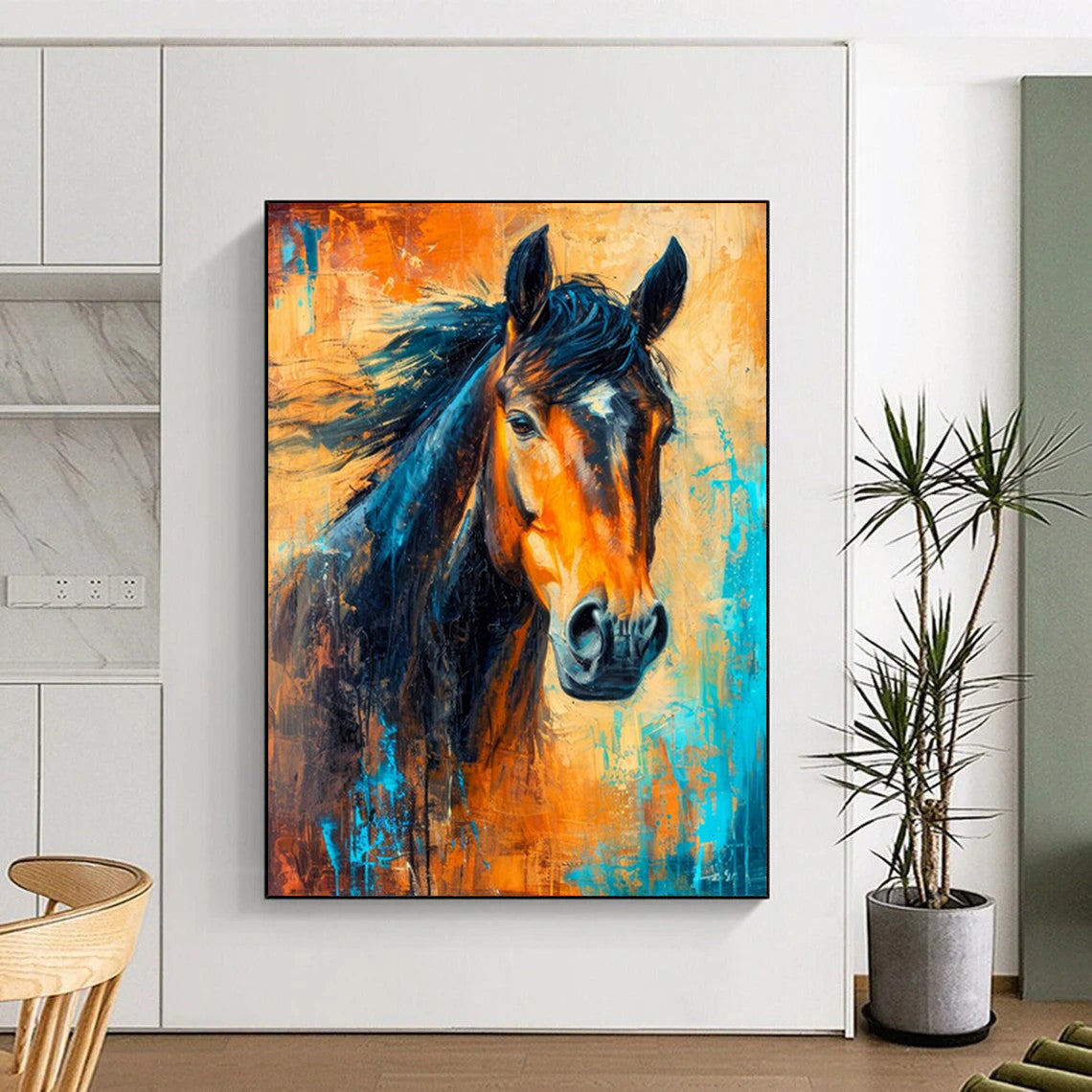 “Dynamic Horse Portrait” - Orange, Blue & Black Equine Painting On Canvas CT2210