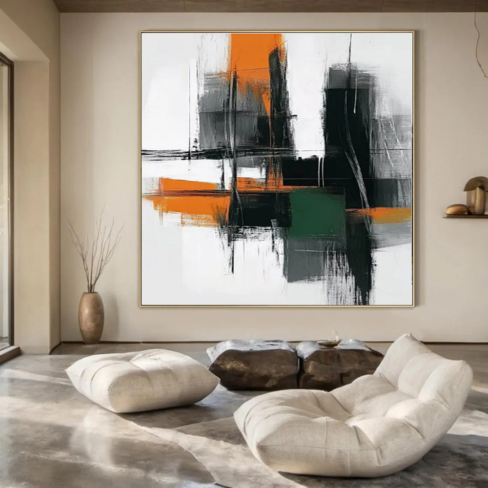 Urban Blocks: Orange, Grey & Green - Abstract Cityscape Acrylic CT1244