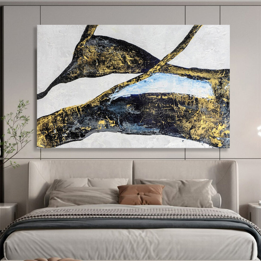 “Gilded Organic Shapes - Black, Gold, and Blue” Painting On Canvas DKH011