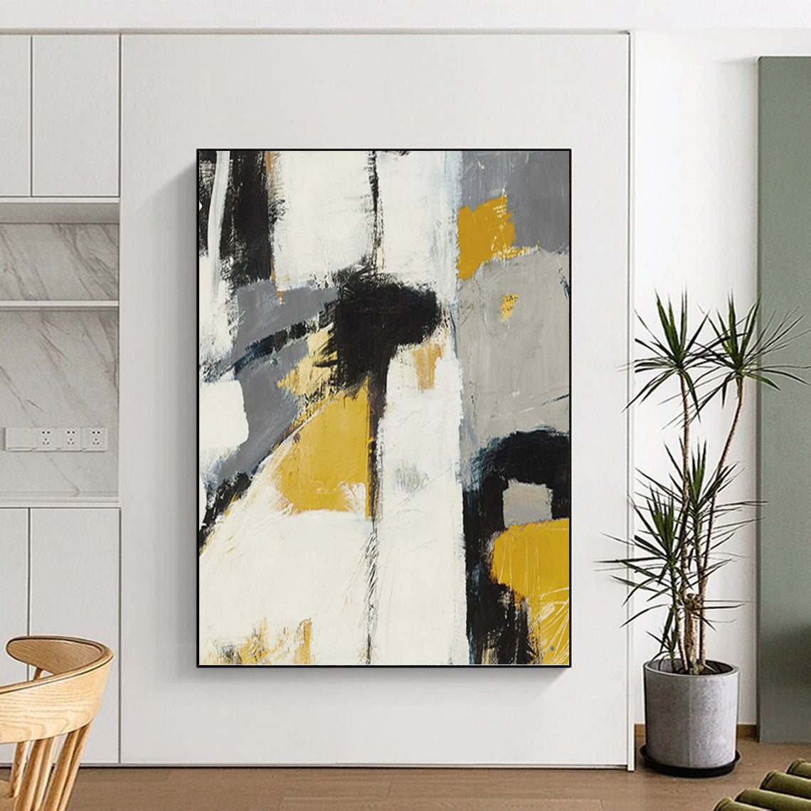 “Bold Neutrals” - Gray, Yellow, Black & White Abstract Block Painting On Canvas DKH1525