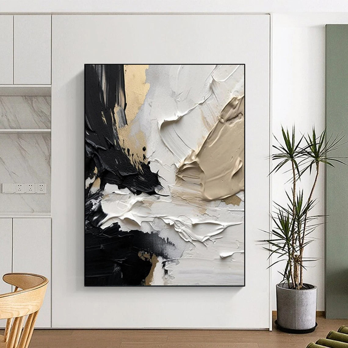 “Black - White - Gold Textured Abstract” - Black, White, Gold Impasto Painting On Canvas DTP301