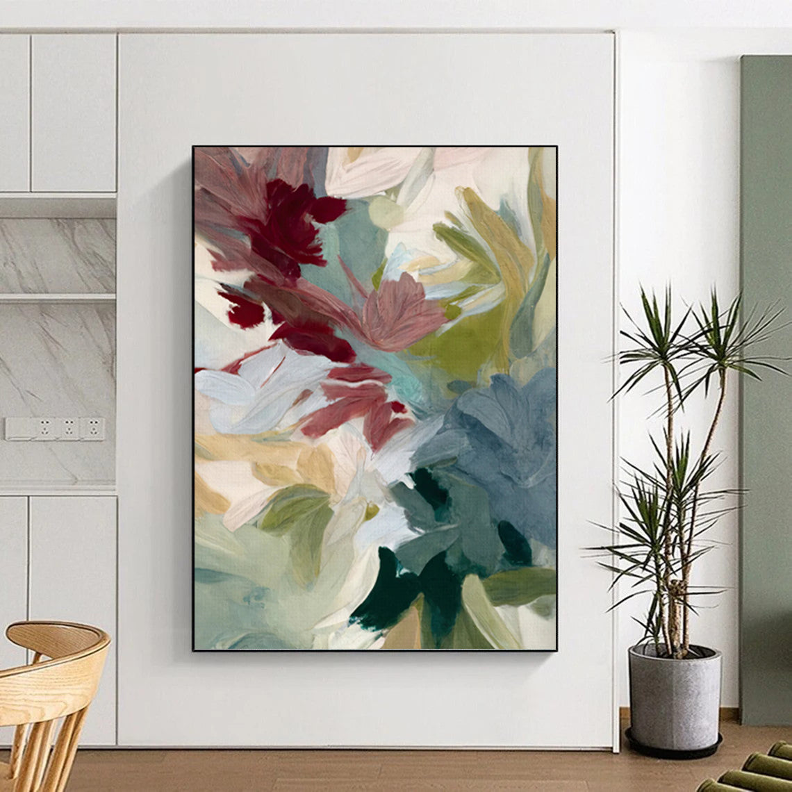 Mauve, Teal, and Green Floral Abstract - Contemporary Flower Painting On Canvas DKH1351
