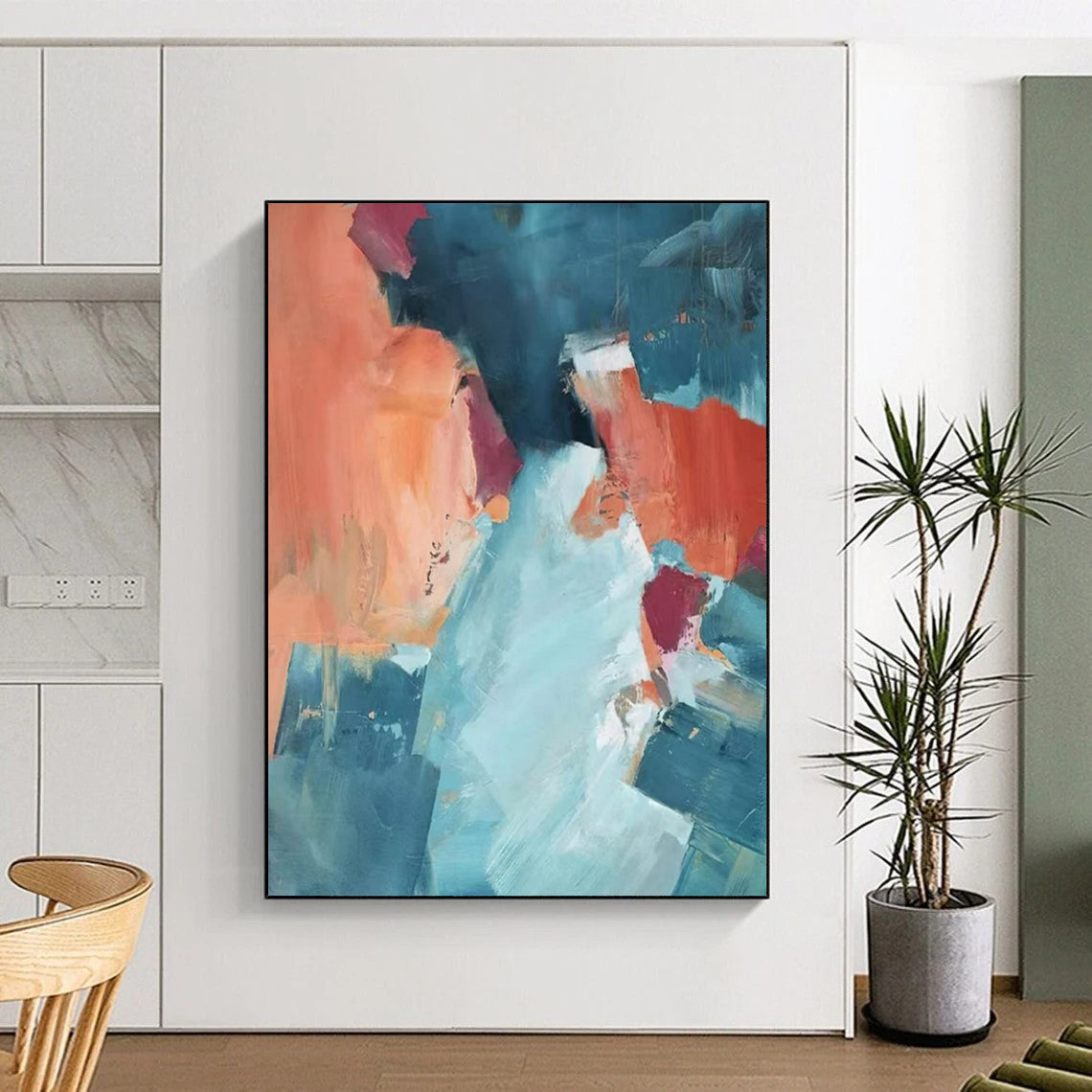 Coral & Teal Abstract Collage - Abstract Collage - Style Painting On Canvas CT2269