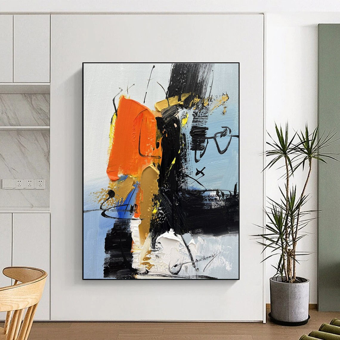 Orange, Black, White, Yellow & Blue Abstract Strokes, “Fiery Harmony” - Impasto Abstract Painting CT0783