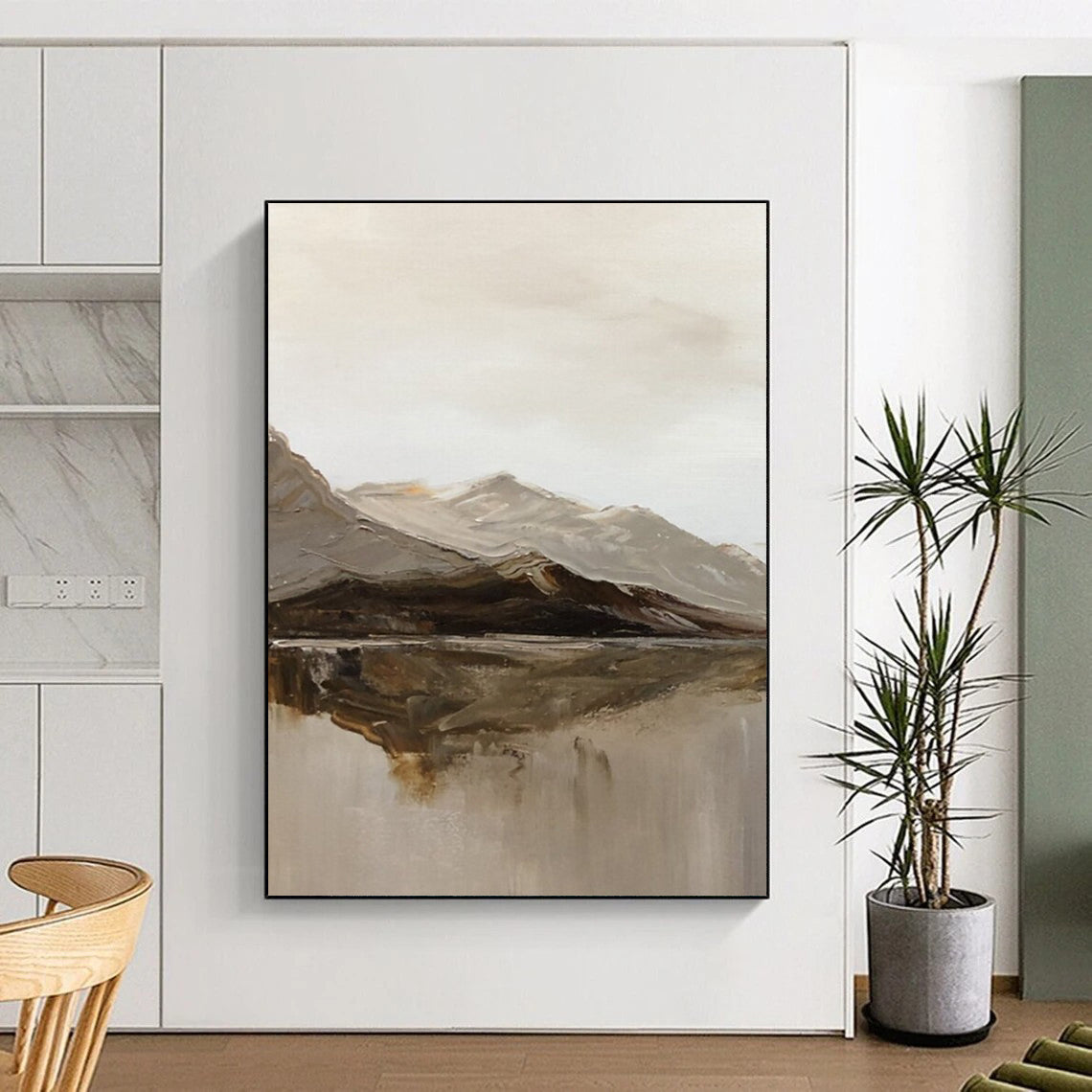 “Gray, Brown, White Mountain Reflection ‘Nature’s Mirror’” - Impasto Landscape Painting On Canvas DTP358