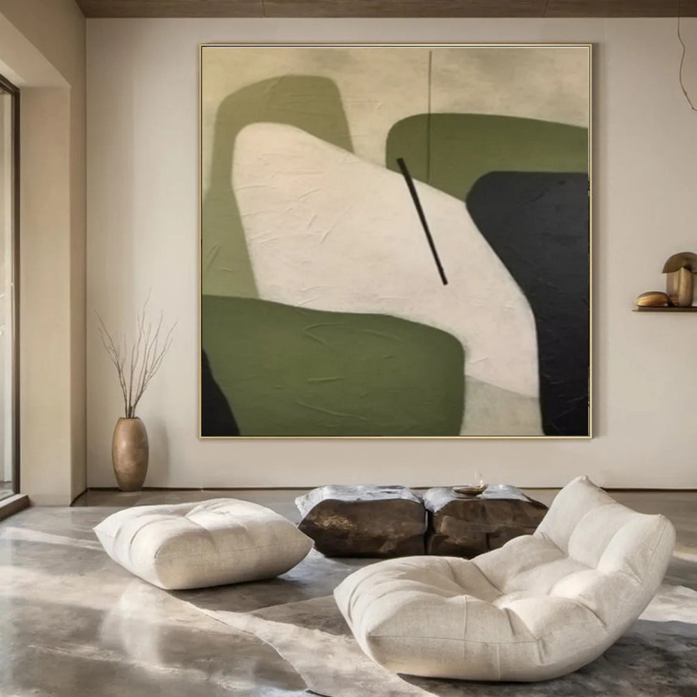 Green, White & Black Organic Shapes - "Nature’s Simplicity" - Abstract Geometric Painting CT1470