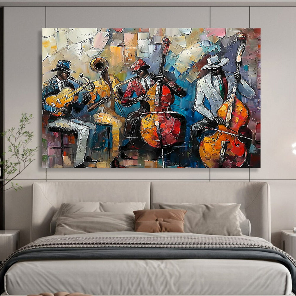 “Colorful Jazz Band” - Vibrant Multicolor Figurative Painting On Canvas DKH761