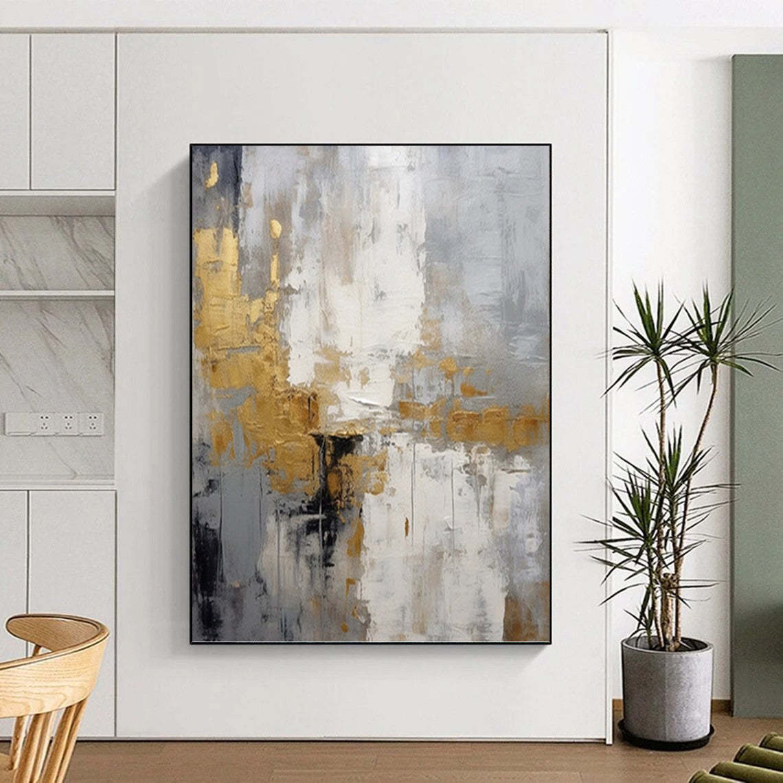 “Gilded Gray Abstraction” - Sophisticated Abstract Painting On Canvas DKH1062