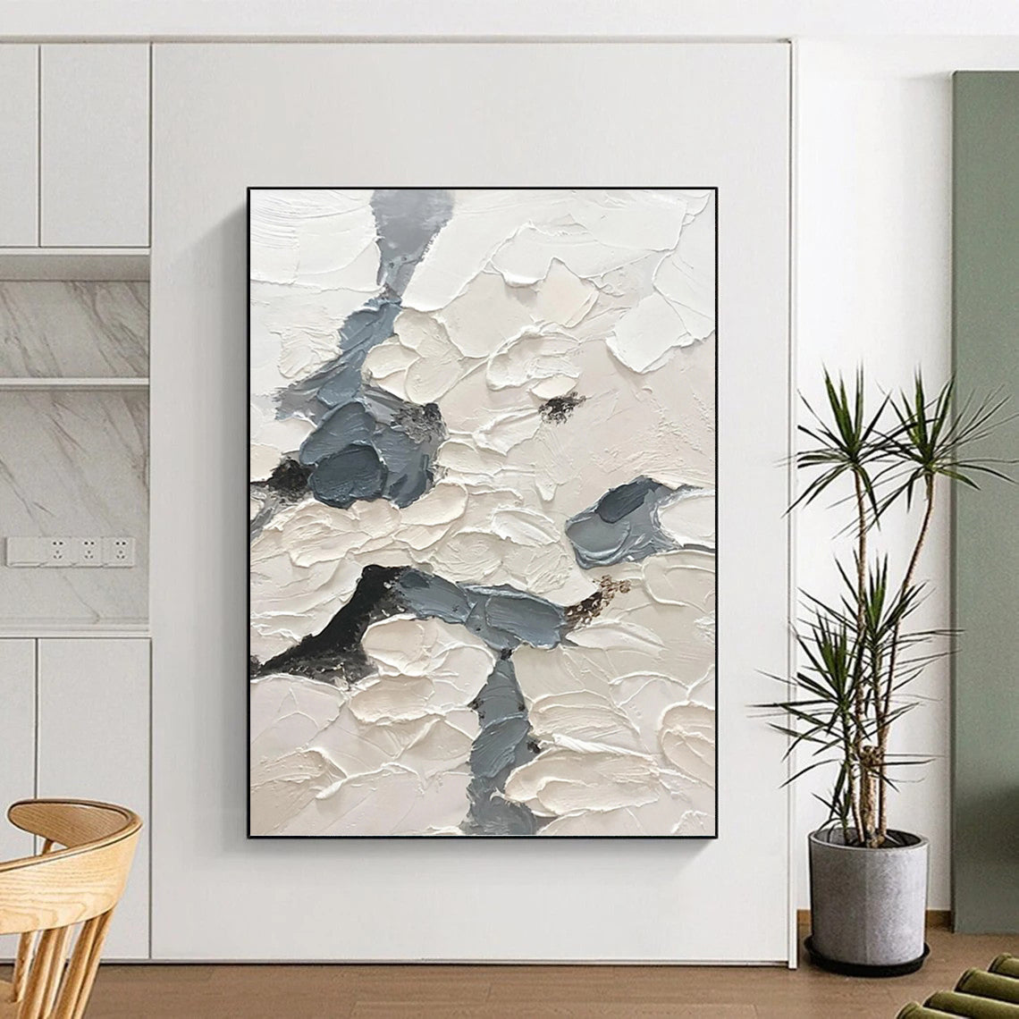 “Textured Sky Paths” - White & Gray Impasto Painting On Canvas DKH1160