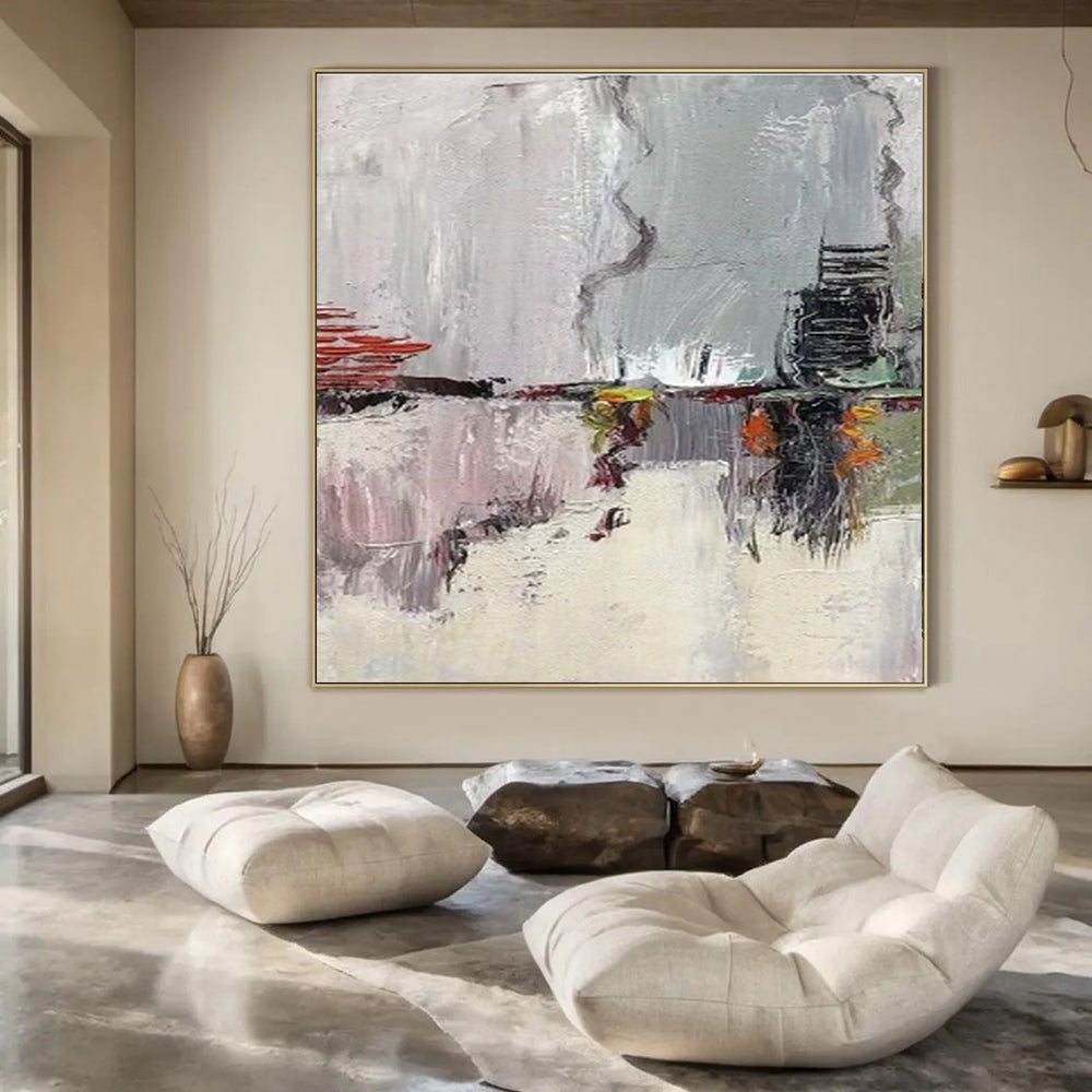 Grey, Red, Yellow & Green Abstract Cityscape - "Urban Impressions" - Abstract Oil Painting CT1459