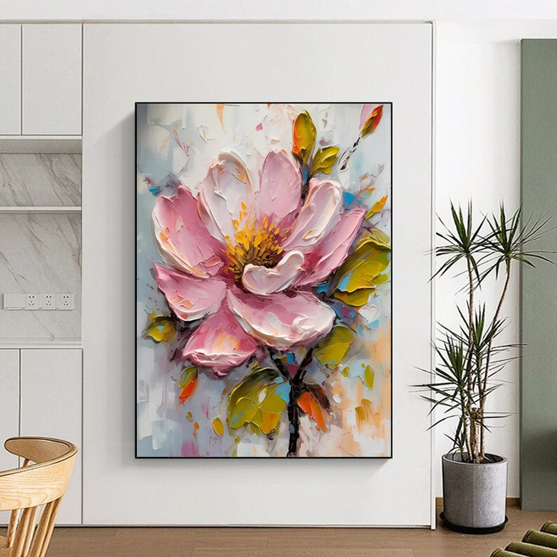 “Pink Blossom in 3D” - Pink, Yellow & Green Flower Painting On Canvas CT2200