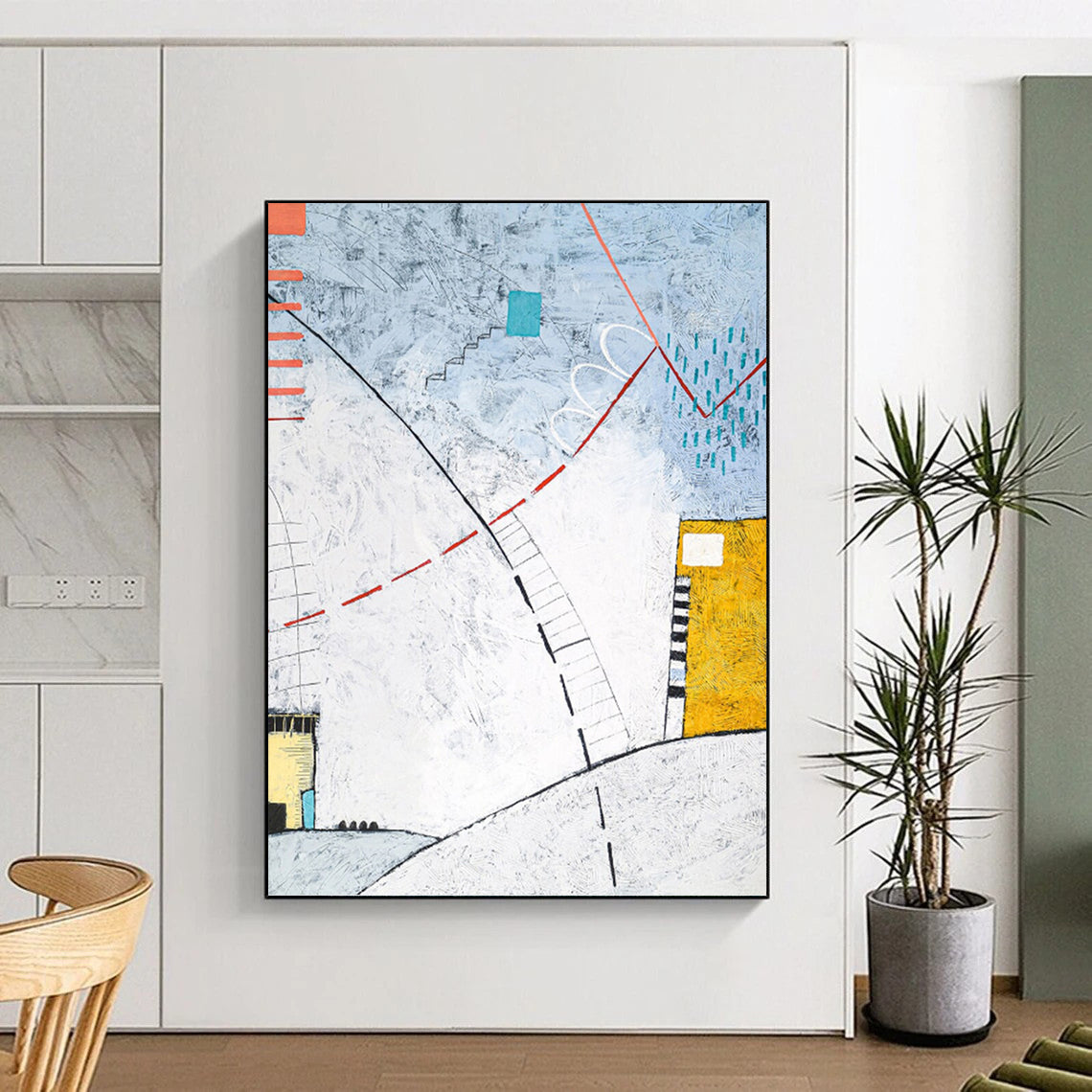 “Geometric Abstract with Color Accents” - Modern Abstract Landscape - Inspired Painting On Canvas DKH1092