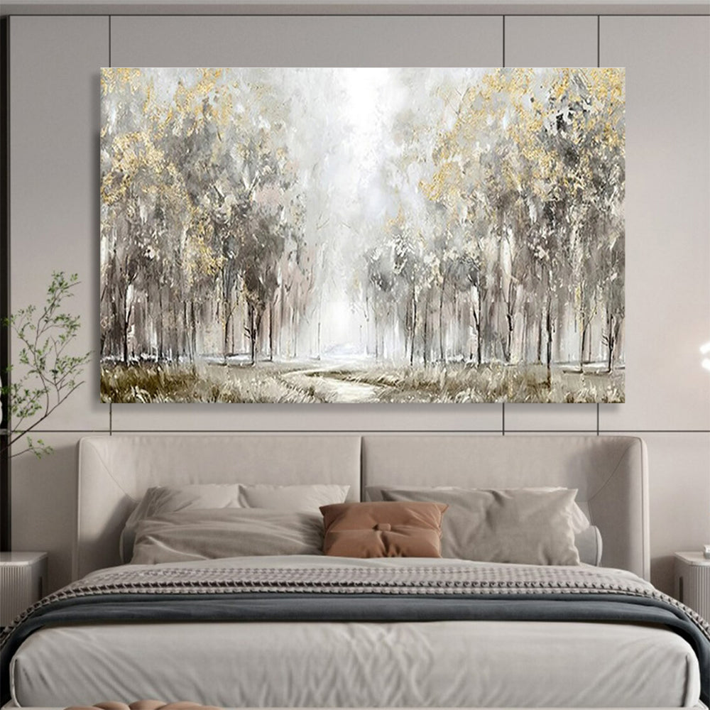 “Golden Forest Path” - Gray, Gold, Green Textured Landscape Painting On Canvas DKH737