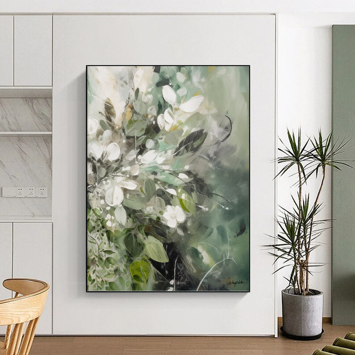 “Green - Toned Floral Abstraction” - Soft Flower Bouquet Painting On Canvas DKH1086