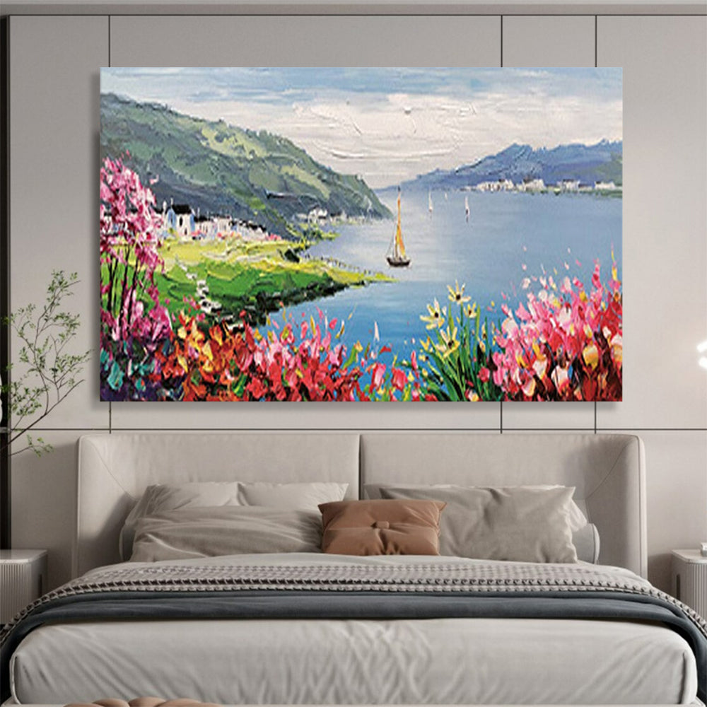 Lakeside Village with Blossoms - Impressionist Landscape Painting On Canvas DLZ209