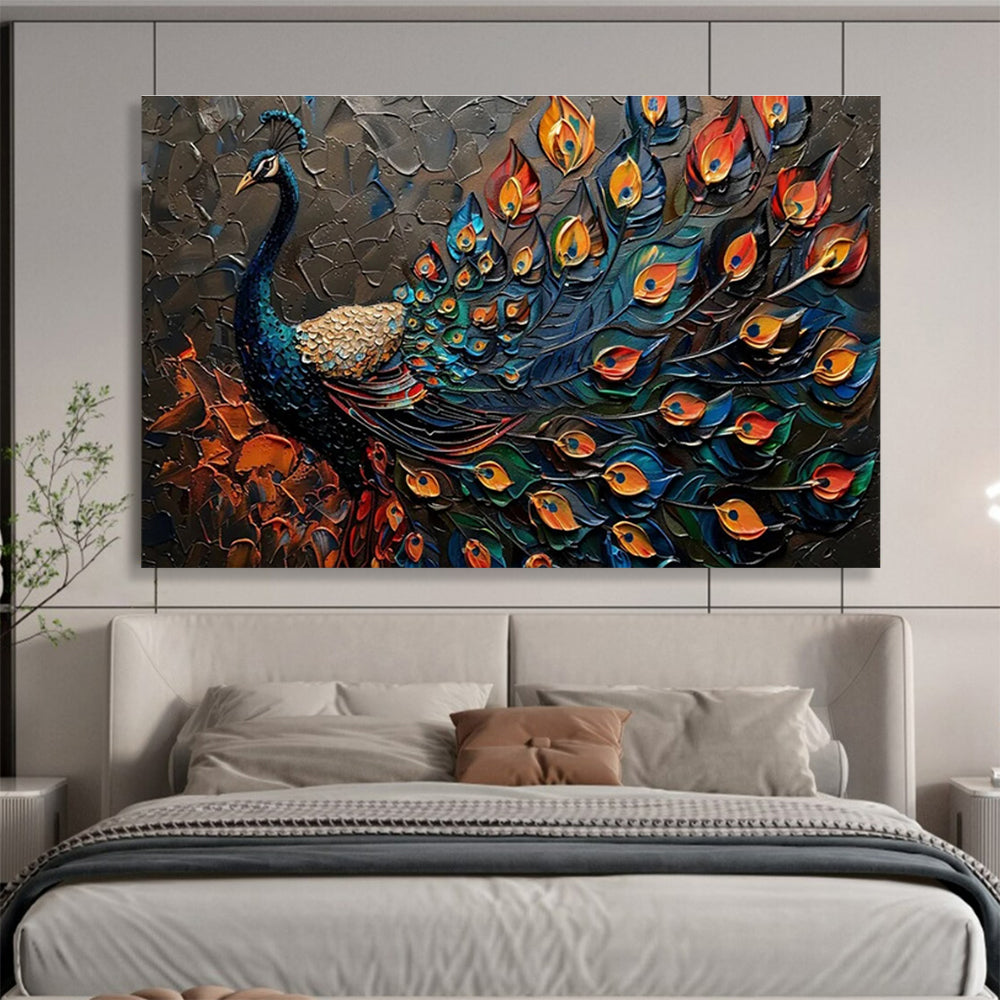 “Textured Peacock with Vivid Plumage” - Ornate Animal Painting On Canvas DKH807