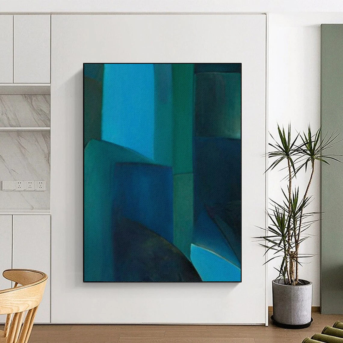 Blue & Green Geometric Abstraction - Cubist - Style Painting On Canvas CT2255