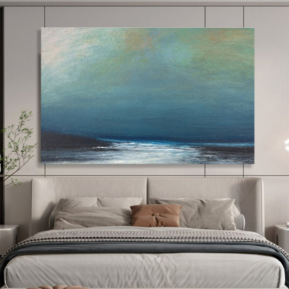 Muted Blue and Gray Seaside “Hazy Coastal Calm” Painting On Canvas DKH107