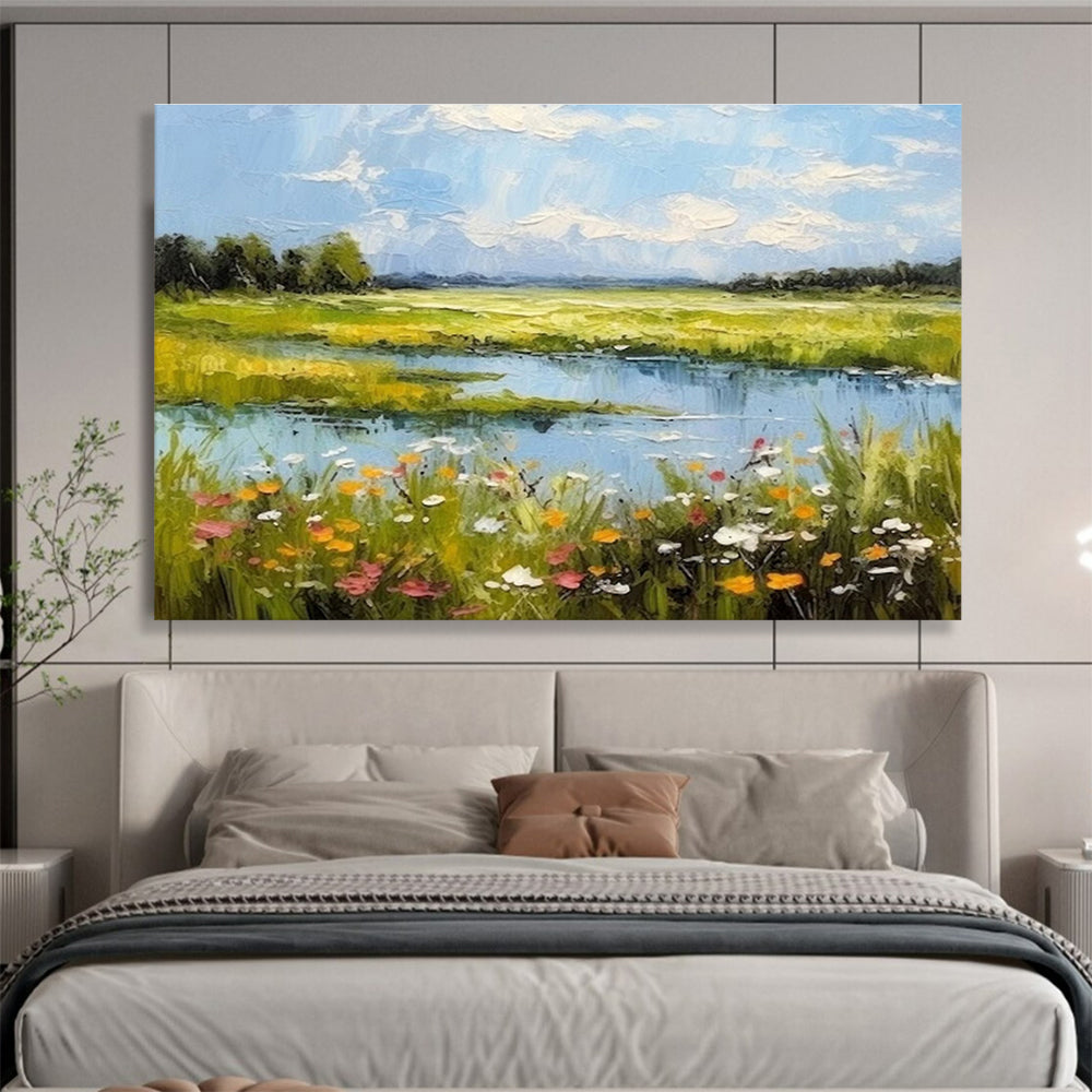 Colorful Meadow and Lake Landscape Painting On Canvas DKH271